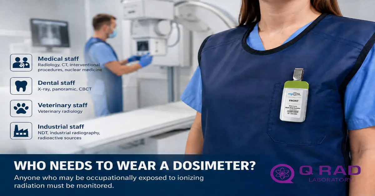 Lucrător expus profesional purtând dozimetru personal în mediu radiologic